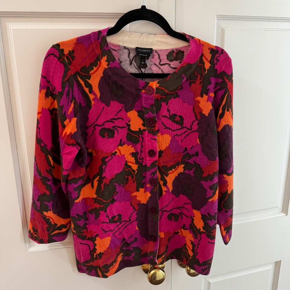 Talbots CASHMERE cardigan SWEATER - multi colored FLORAL size L new with tags